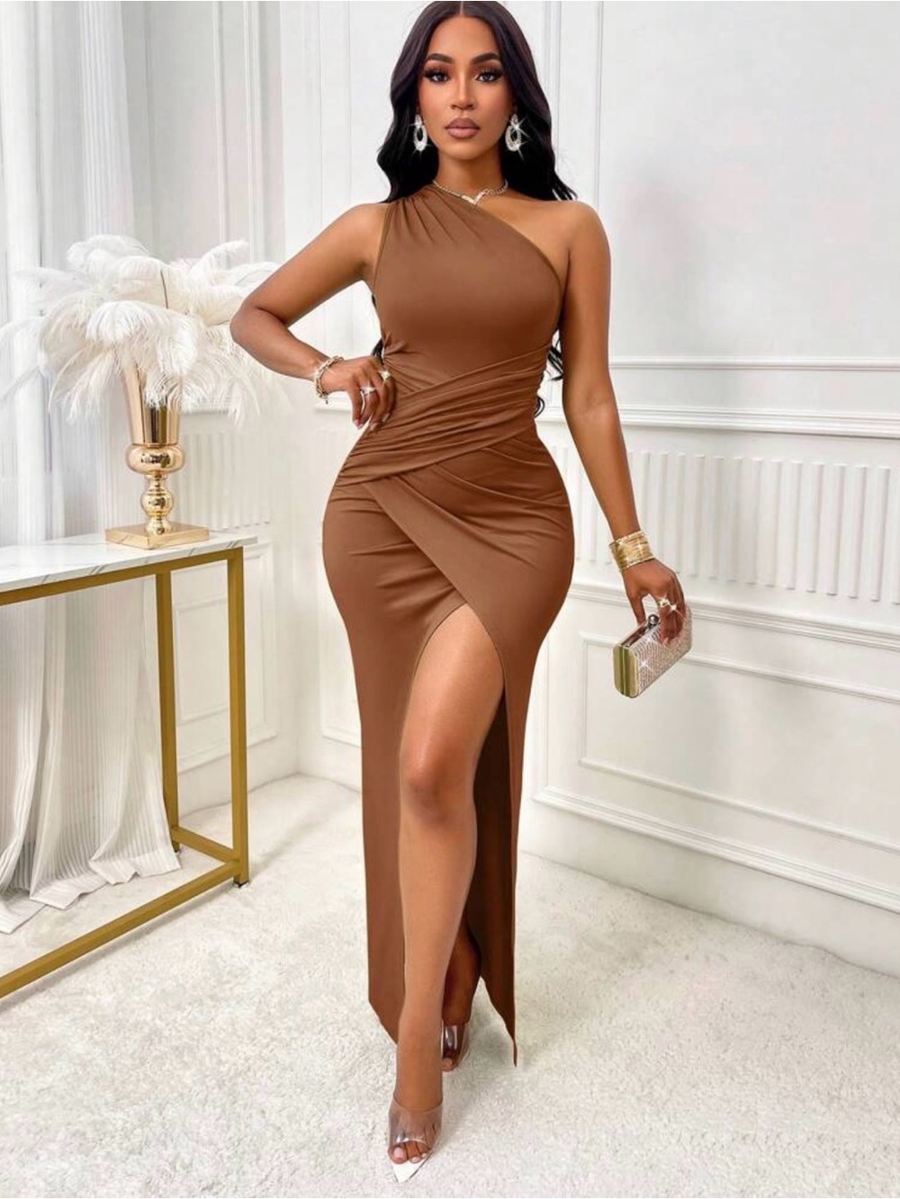 Elegant One-Shoulder Brown Evening Dress with High Slit